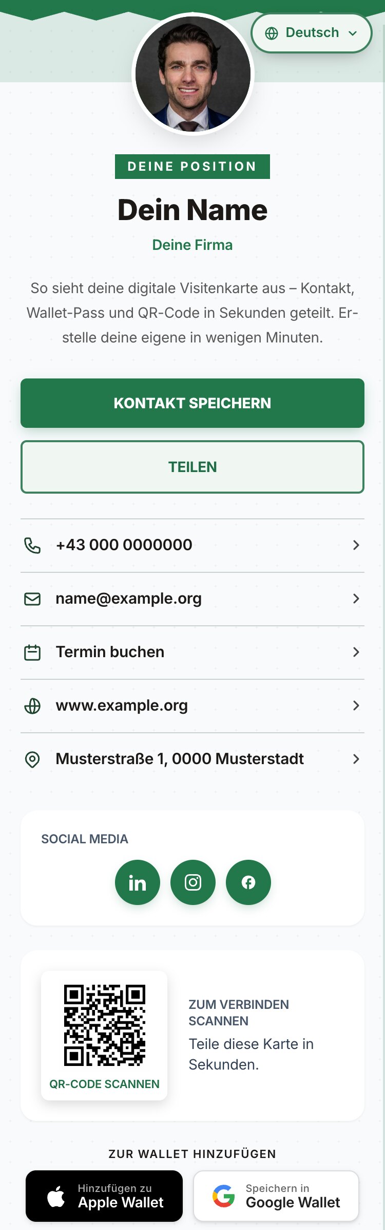 Example of a digital FalconCard business card with photo, contact details, QR code and Apple/Google Wallet pass
